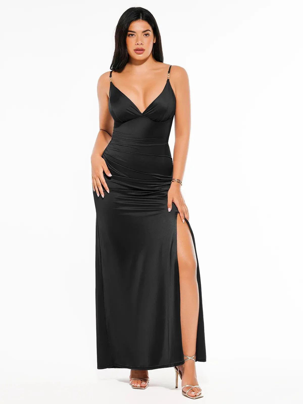 Robe Maxi Satinée à Décolleté Profond en V avec Fente Avant