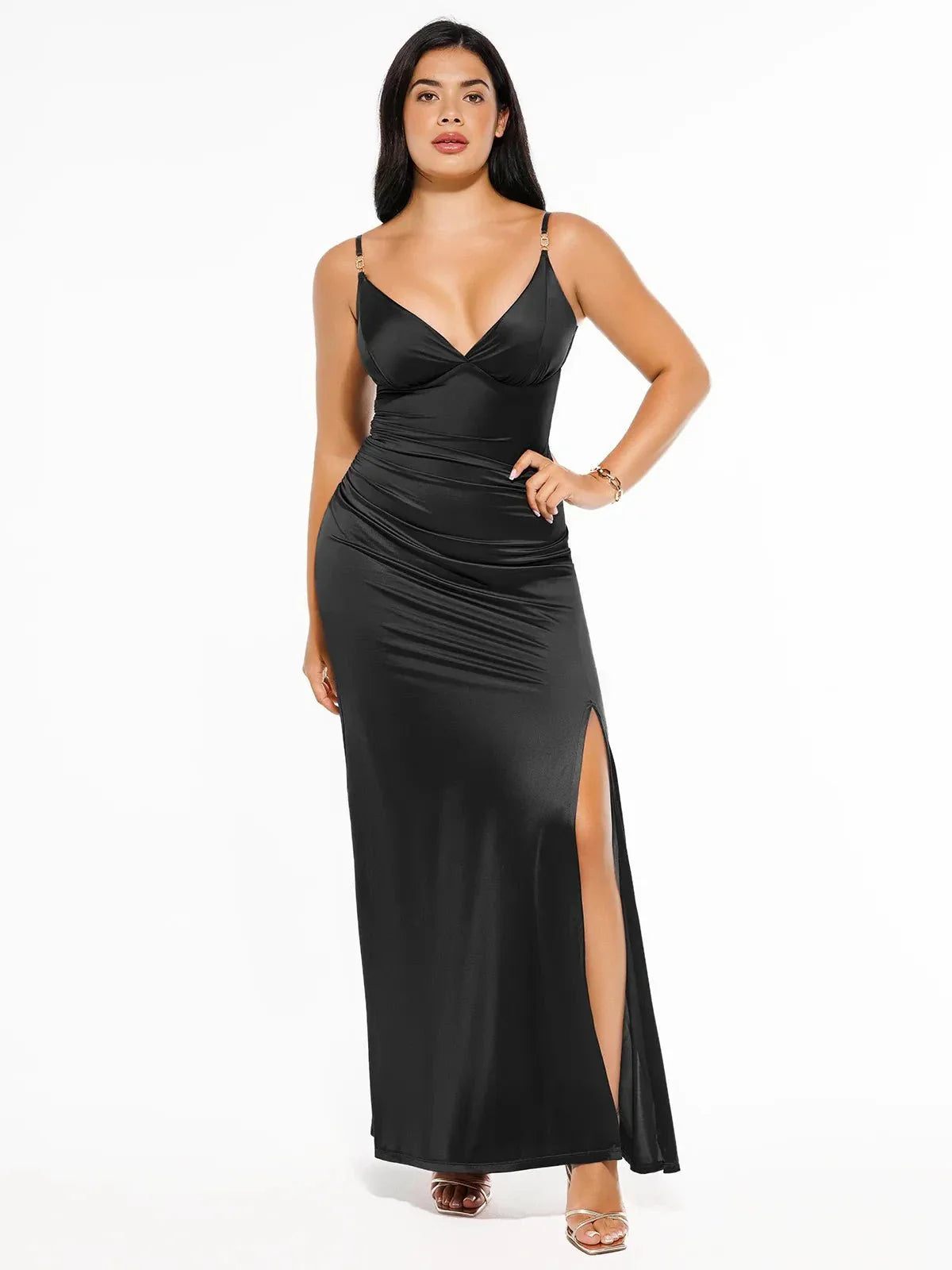 Robe Maxi Satinée à Décolleté Profond en V avec Fente Avant