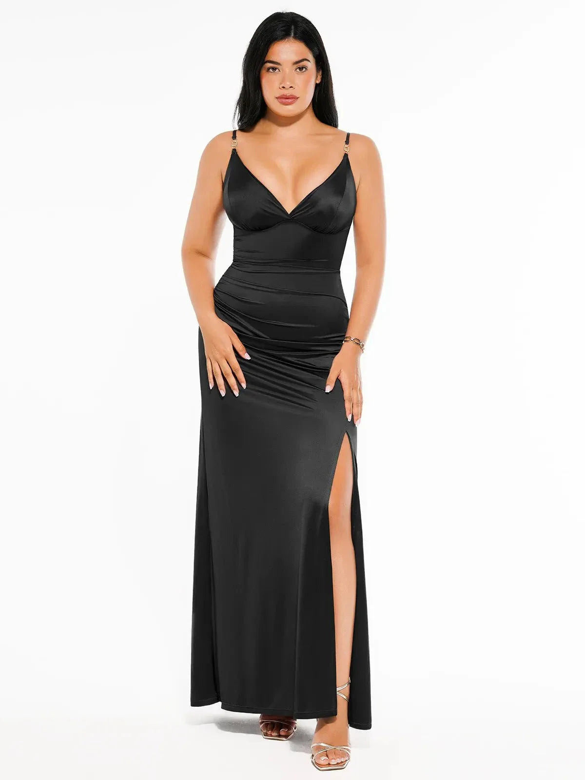Robe Maxi Satinée à Décolleté Profond en V avec Fente Avant