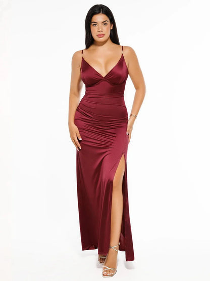 Robe Maxi Satinée à Décolleté Profond en V avec Fente Avant