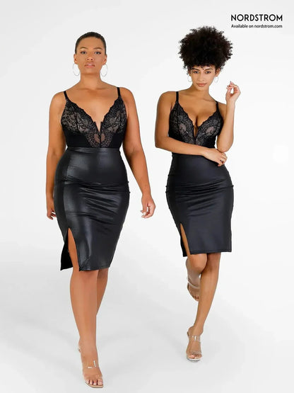 Jupe Midi Fendue en Simili Cuir Sculptante Shapewear
