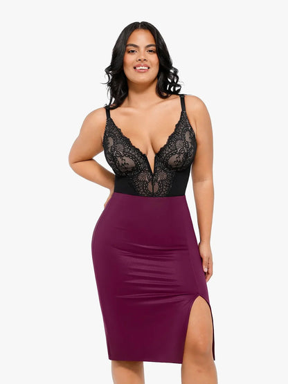 Jupe Midi Fendue en Simili Cuir Sculptante Shapewear