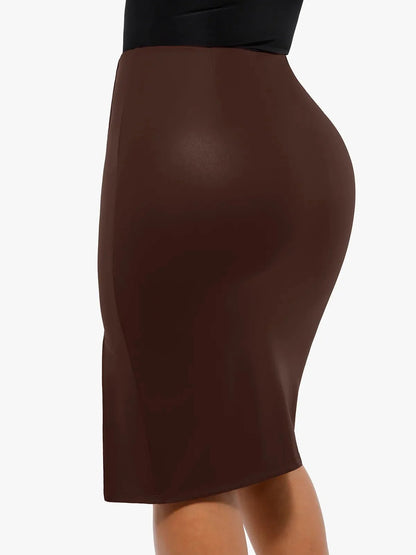 Jupe Midi Fendue en Simili Cuir Sculptante Shapewear