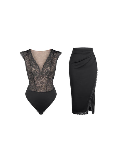 Body sculptant en dentelle ou jupe midi ou boléro