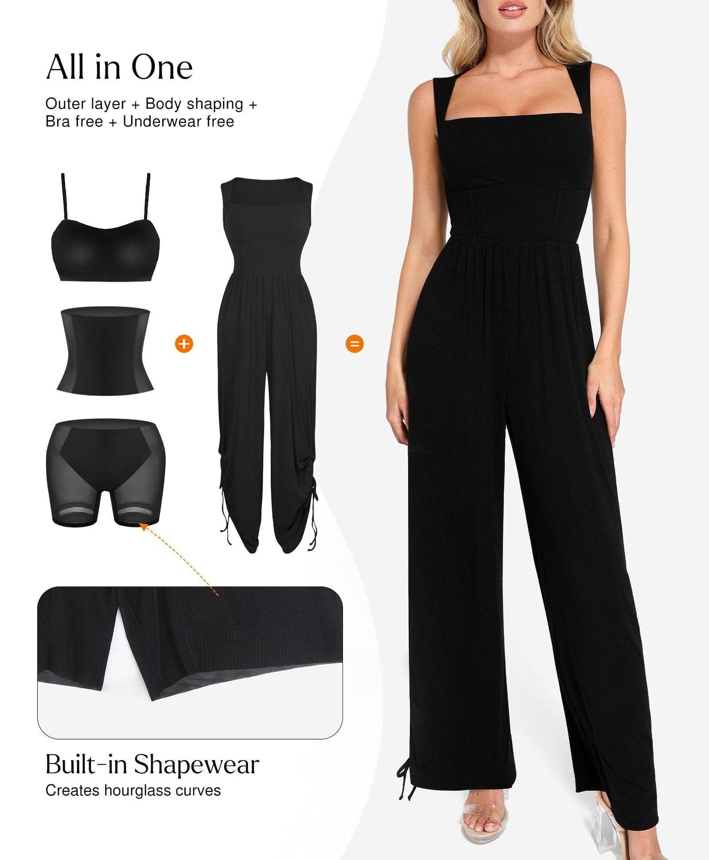Combinaison Shapewear à Encolure Carrée avec Contrôle du Ventre et Jambes Larges