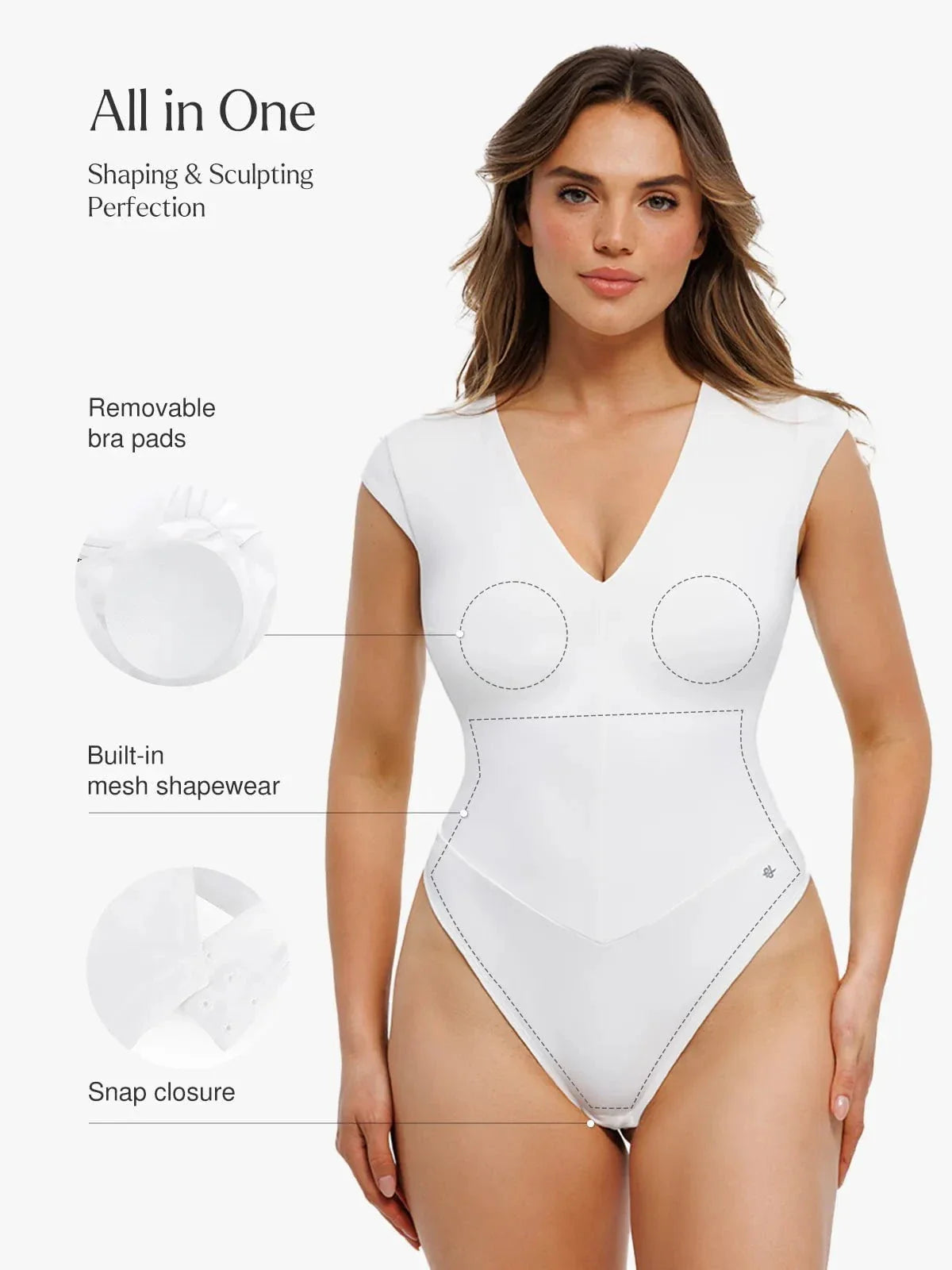 Body Sculptant à Encolure en V et Manches Courtes Contrôle du Ventre