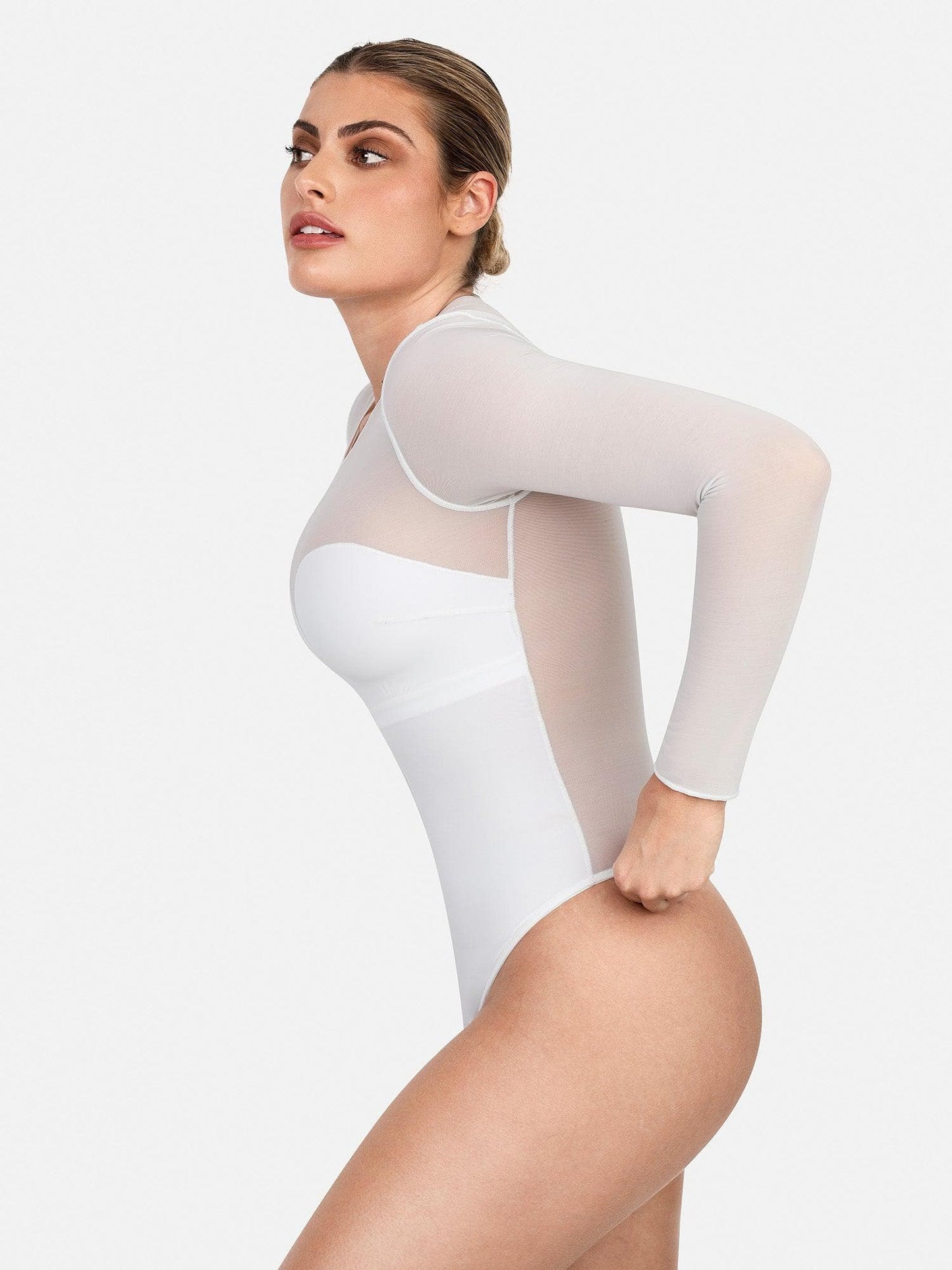 Body sculptant en maille illusion à manches longues avec contrôle du ventre