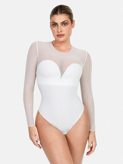 Body sculptant en maille illusion à manches longues avec contrôle du ventre