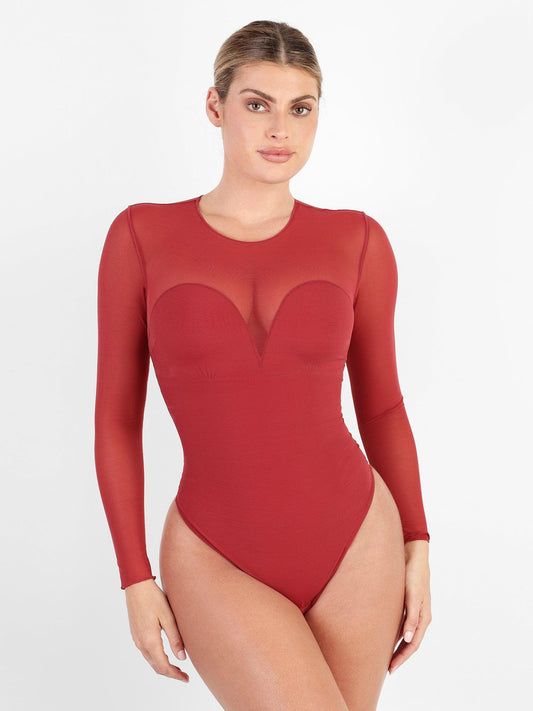 Body sculptant en maille illusion à manches longues avec contrôle du ventre