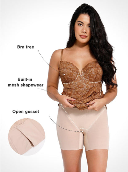 Robe Midi Corset en Dentelle avec Fente Latérale