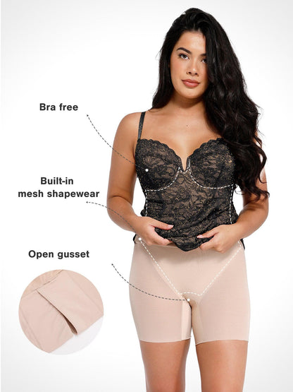 Robe Midi Corset en Dentelle avec Fente Latérale