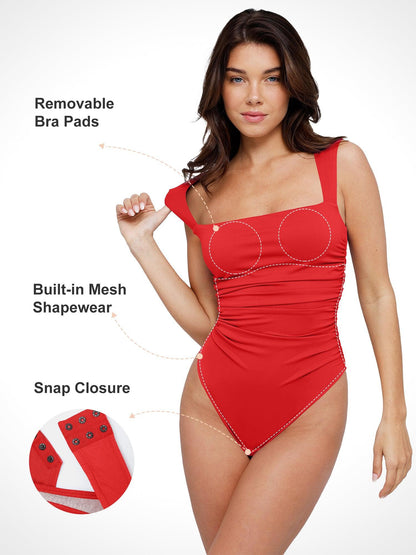 Body Sculptant à Encolure Carrée Froncée Bluetag