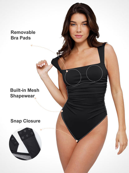 Body Sculptant à Encolure Carrée Froncée Bluetag