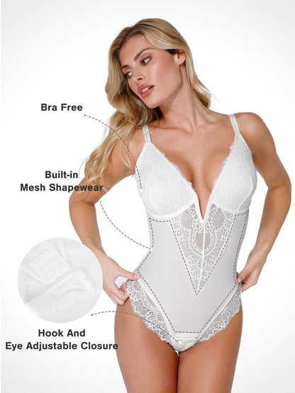 Body Sculptant Complet en Dentelle avec Décolleté Plongeant
