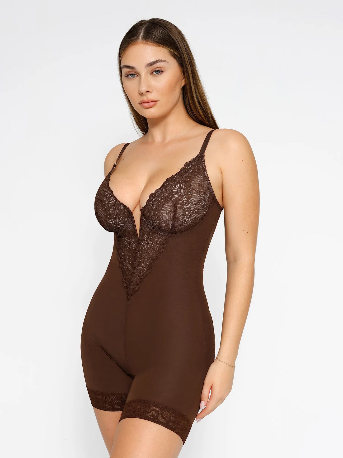 Shapewear Lace Deep V-Neck Sculpting Mid-Thigh Bodysuit