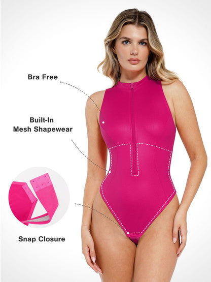 Body Sculptant en Simili Cuir avec Col Montant et Fermeture Éclair