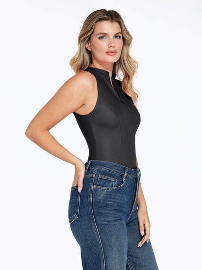 Body Sculptant en Simili Cuir avec Col Montant et Fermeture Éclair