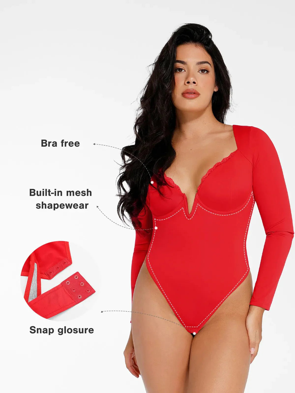 Body Sculptant à Manches Longues avec Détails en Dentelle et Décolleté en V