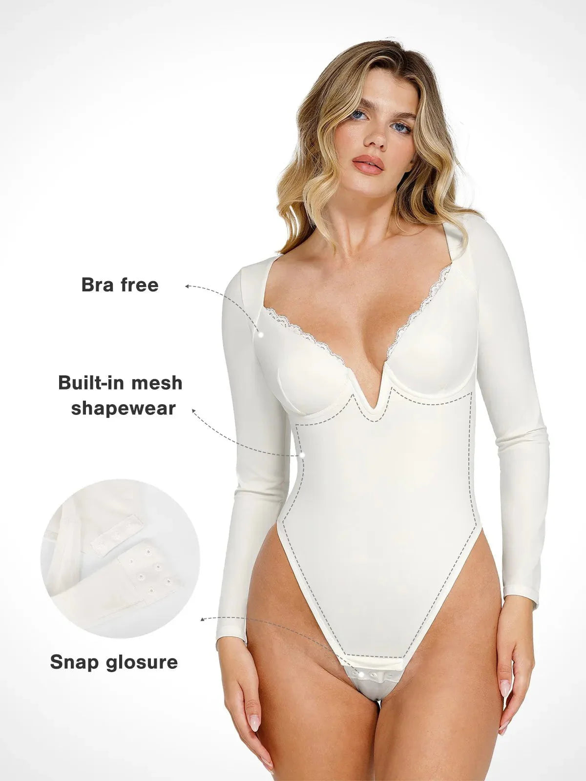 Body Sculptant à Manches Longues avec Détails en Dentelle et Décolleté en V
