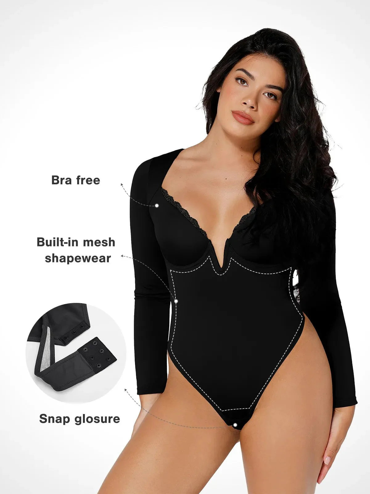 Body Sculptant à Manches Longues avec Détails en Dentelle et Décolleté en V