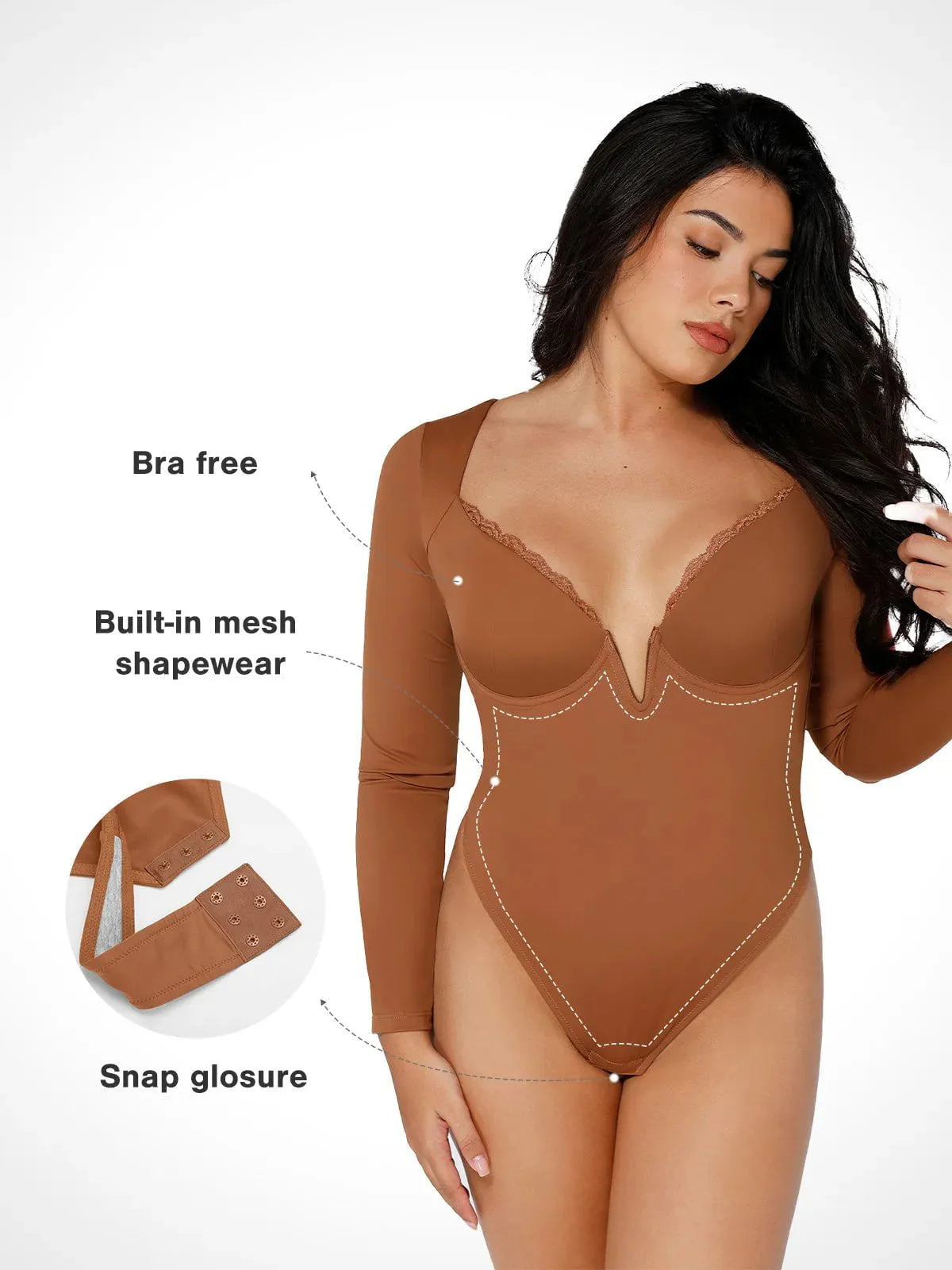 Body Sculptant à Manches Longues avec Détails en Dentelle et Décolleté en V