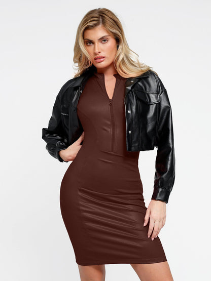 Robe Midi en Similicuir avec Zip Avant et Sculptante