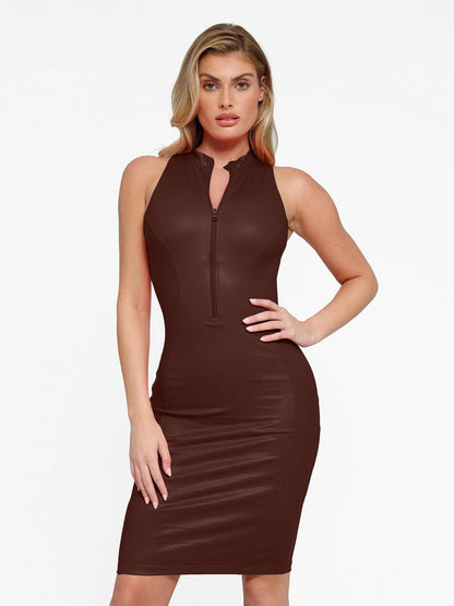 Robe Midi en Similicuir avec Zip Avant et Sculptante