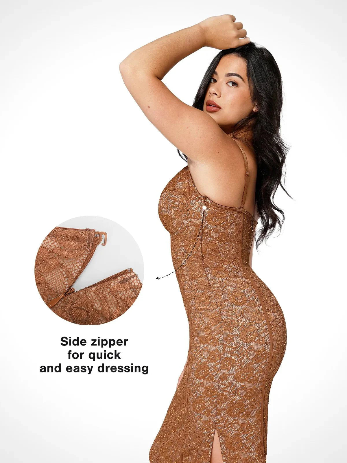 Robe Midi Corset en Dentelle avec Fente Latérale