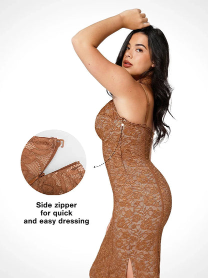 Robe Midi Corset en Dentelle avec Fente Latérale