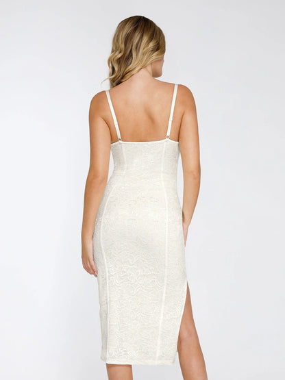 Robe Midi Corset en Dentelle avec Fente Latérale