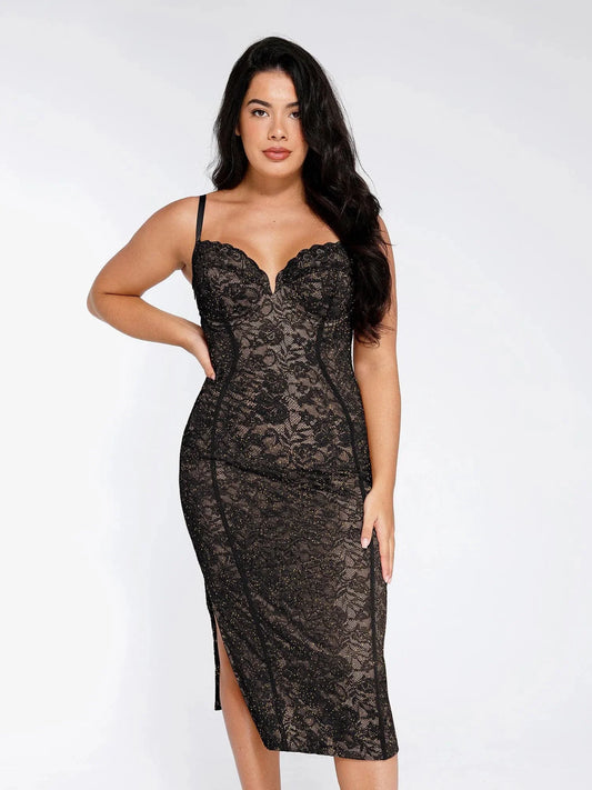 Robe Midi Corset en Dentelle Tout en Dentelle avec Fente Latérale