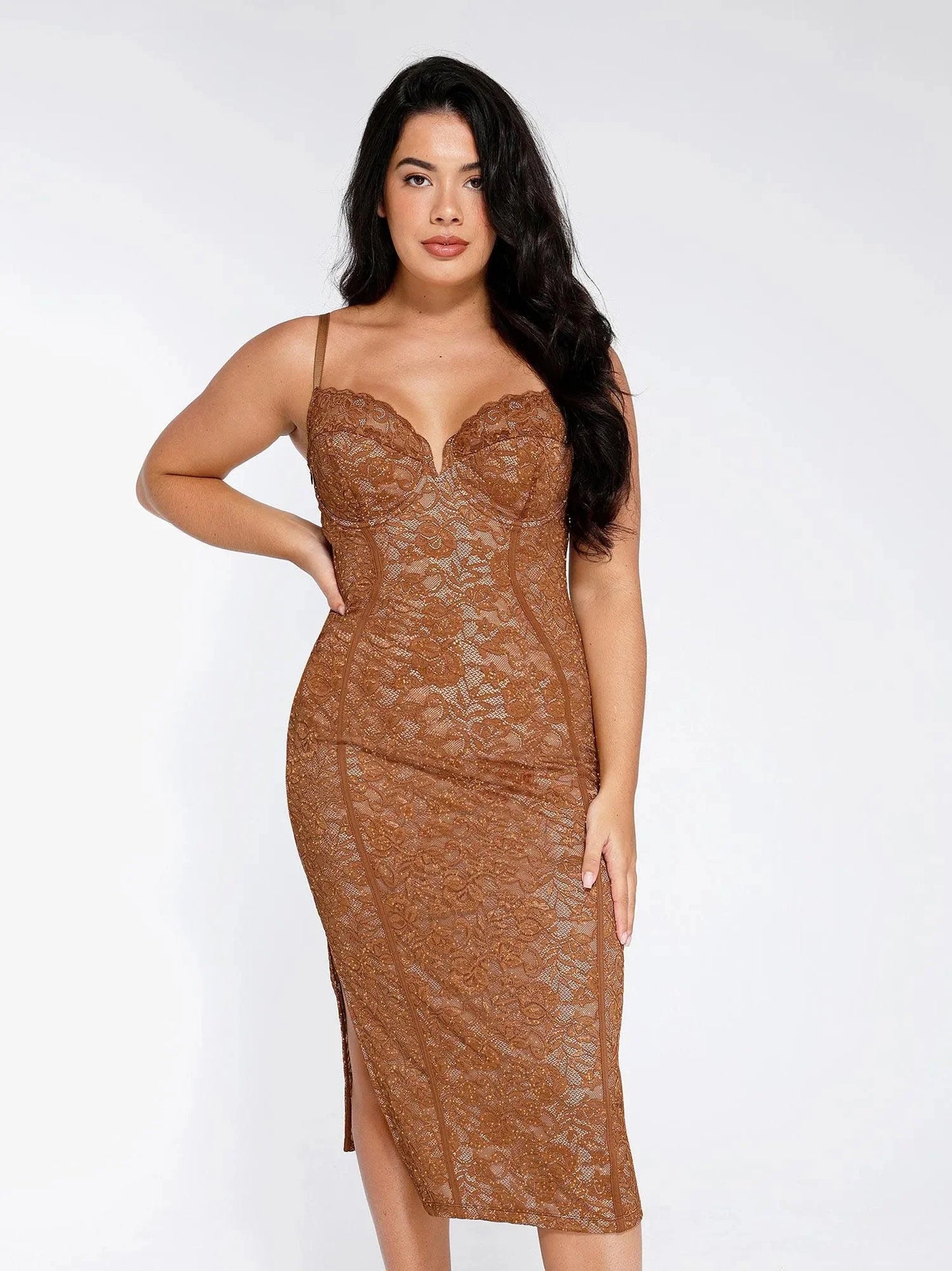 Robe Midi Corset en Dentelle avec Fente Latérale