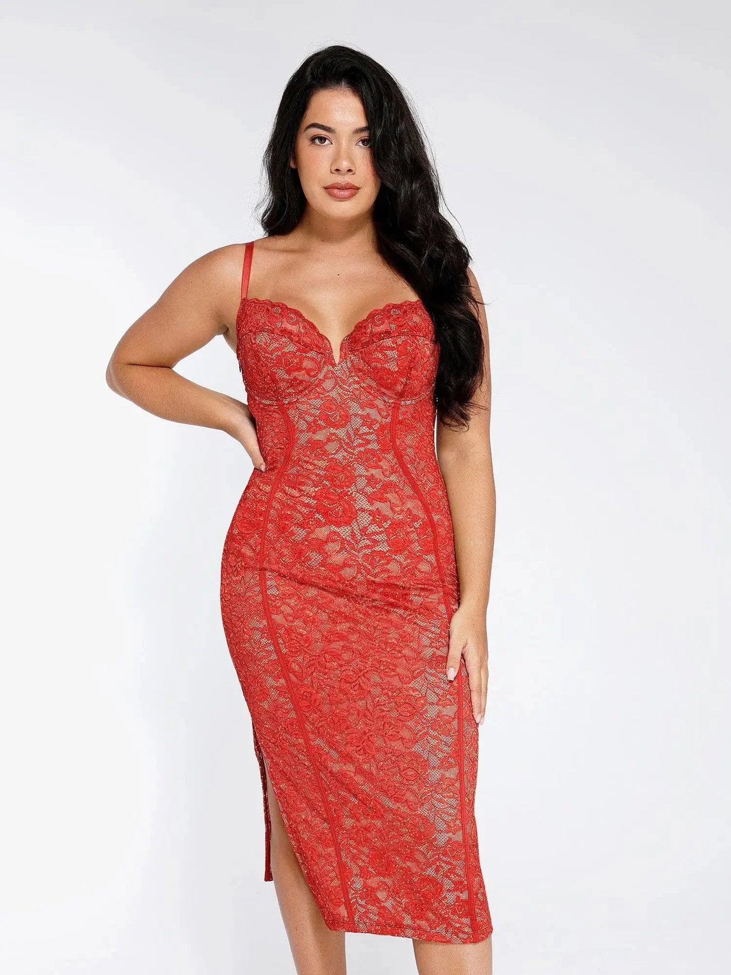 Robe Midi Corset en Dentelle avec Fente Latérale