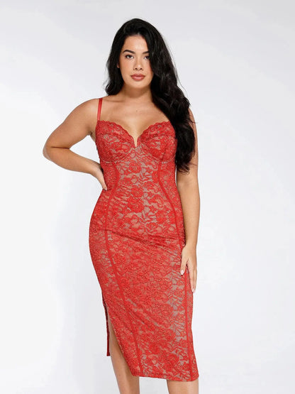 Robe Midi Corset en Dentelle avec Fente Latérale