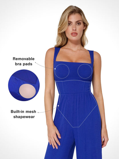 Combinaison Shapewear à Encolure Carrée avec Contrôle du Ventre et Jambes Larges